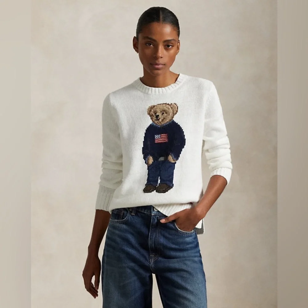 POLO RALPH LAUREN BEAR LINEN COTTON CREWNECK SWEATER IN DECKWASH WHITE MULTI - Picture 4 of 11